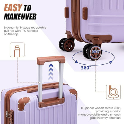 KUNEL Expandable 5 Piece Luggage Sets with Detachable Spinner Wheels and TSA Lock, Unisex Hardside ABS Suitcase Set, Hardshell Lightweight Waterproof Travel Hard Case Suitcases with Wheels, Purple