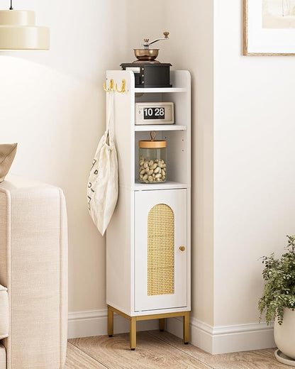 Bathroom Storage Cabinet, Small Corner Floor Hutch with Door and Shelves, Narrow Toilet Paper Cabinet, Bathroom Organizer with Adjustable Shelf, for Small Spaces (Classic-Rattan, White)