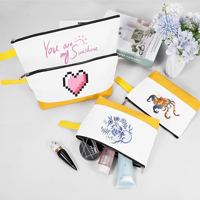 10 Pieces Cotton Canvas Makeup Bag with Bottom and Strap, Multi-Purpose Cosmetic Bag with Zipper Travel Toiletry Pouch, Blank DIY Craft Bag (White&Yellow, XS)