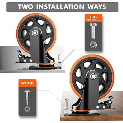 6 Inch Caster Wheels, Casters Set of 4, Heavy Duty Casters with Brake 3000 Lbs, Locking Industrial Swivel Top Plate Casters Wheels for Furniture and Workbench Cart(Two Hardware Kits Include)