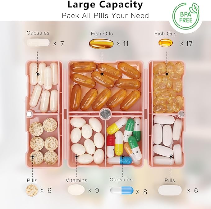 FYY Daily Pill Organizer,2 Pcs 7 Compartments Portable Pill Case Travel Pill Organizer,[Folding Design] Pill Box for Purse Pocket to Hold Vitamins,Cod Liver Oil,Supplements and Medication-Pink