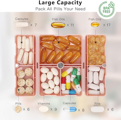 FYY Daily Pill Organizer,2 Pcs 7 Compartments Portable Pill Case Travel Pill Organizer,[Folding Design] Pill Box for Purse Pocket to Hold Vitamins,Cod Liver Oil,Supplements and Medication-Pink