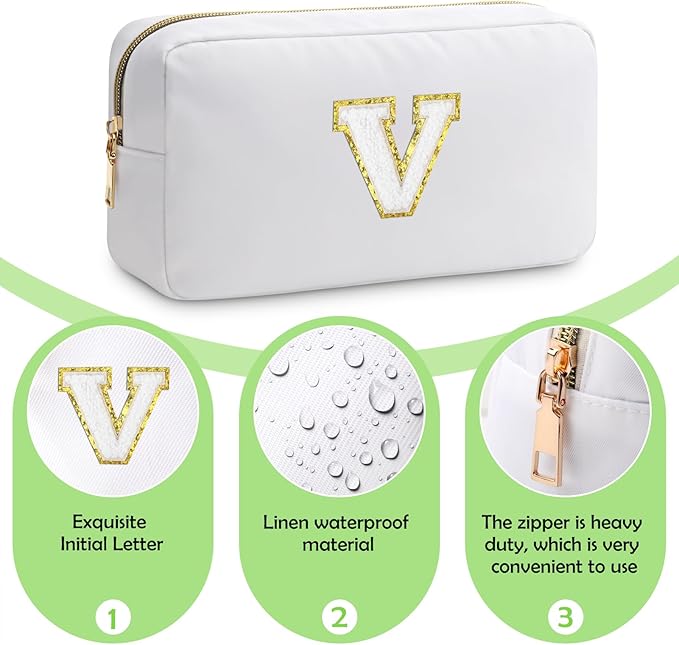 Initial V Makeup Bags Initial Letter A-Z Cosmetic Bag for Women Friends Daughter Sister Mom Inspirational Gifts Travel Toiletry Bag Christmas Birthday Gifts for Her Bridesmaid Bff Makeup Pouch V