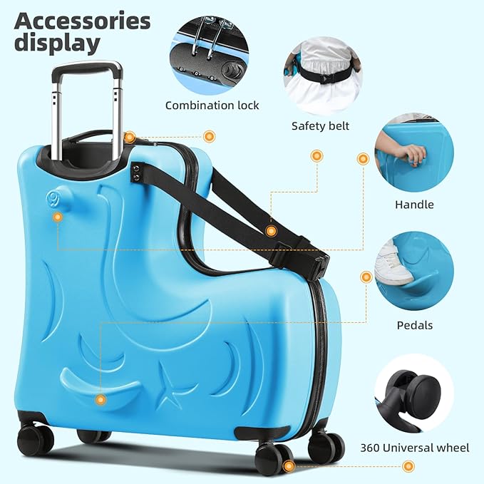 N-A Kids Ride On Suitcase with Wheels, Scooter Luggage for Toddlers Travel, Durable Children's Suitcase for Boys & Girls Ages 2-17 Years