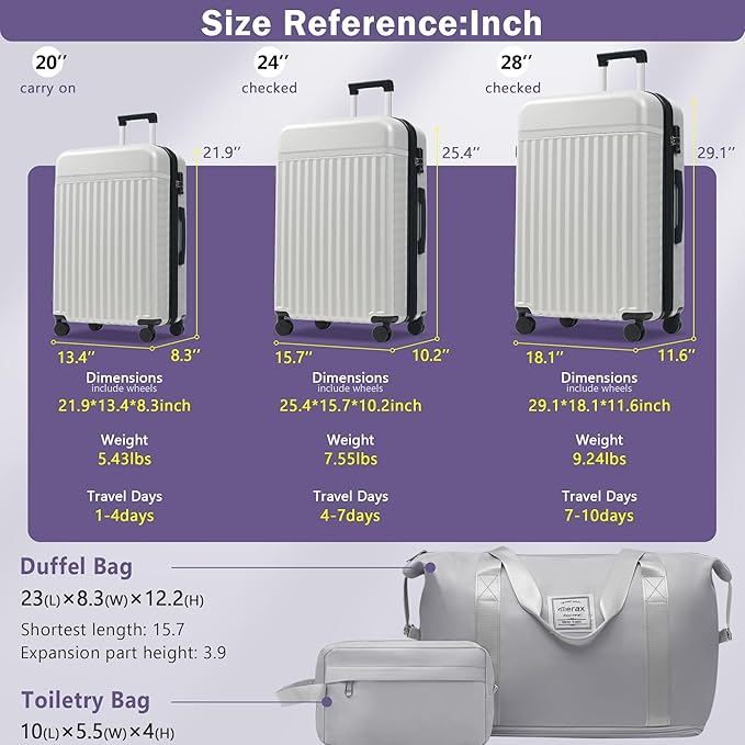 Merax 3 Piece Luggage Sets, Hardside Lightweight Carry on Suitcase,Durable Expandable Luggage with Travel Bags Spinner Wheels and TSA Lock,White Grey