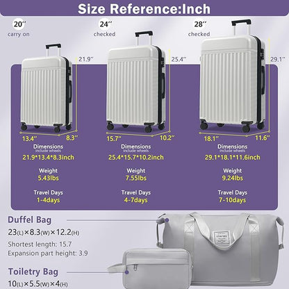 Merax 3 Piece Luggage Sets, Hardside Lightweight Carry on Suitcase,Durable Expandable Luggage with Travel Bags Spinner Wheels and TSA Lock,White Grey