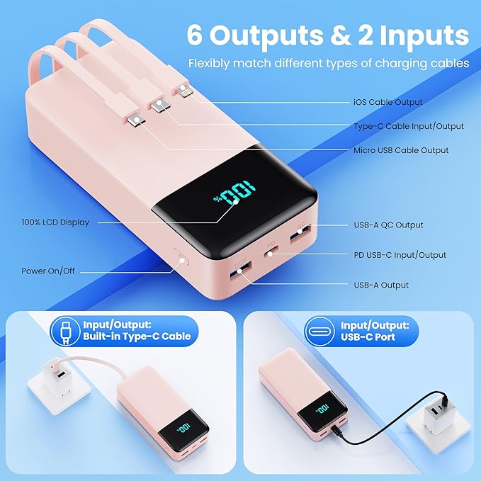 Portable Charger 50800mAh Power Bank with 3 Built in Cables,25W PD QC4.0 Fast Charging USB C Battery Pack,6 Outputs 2 Inputs Travel Essentials Phone Charger for iPhone 17/16/15,Google,Android,Pink