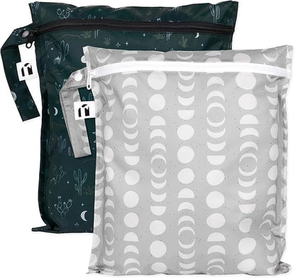 Bumkins Roamio - Waterproof Wet Bag - For Baby, Travel, Swim Suit, Cloth Diapers, Pump Parts, Pool, Gym, Toiletry, Strap to Stroller - Reusable & Easy to Clean - 2pk - Dk Green & Gray