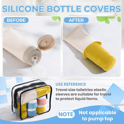 16Pack Travel Bottles for Toiletries, TSA Approved Travel Size Toiletries Containers Set, Silicone Leak Proof Refillable Bottles Elastic Sleeves Creams Jars Accessories Kit W/Clear Bag (Bright)