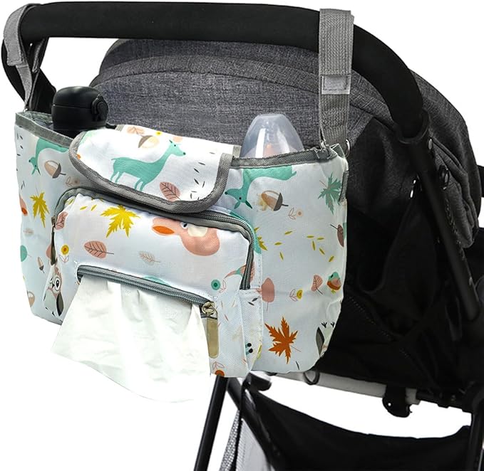 Universal Stroller Organizer with Cup Holder, Animal Patterns Stroller Bag Caddy Organizer, Large Capacity Stroller Caddy with Detachable Shoulder Strap