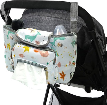 Universal Stroller Organizer with Cup Holder, Animal Patterns Stroller Bag Caddy Organizer, Large Capacity Stroller Caddy with Detachable Shoulder Strap