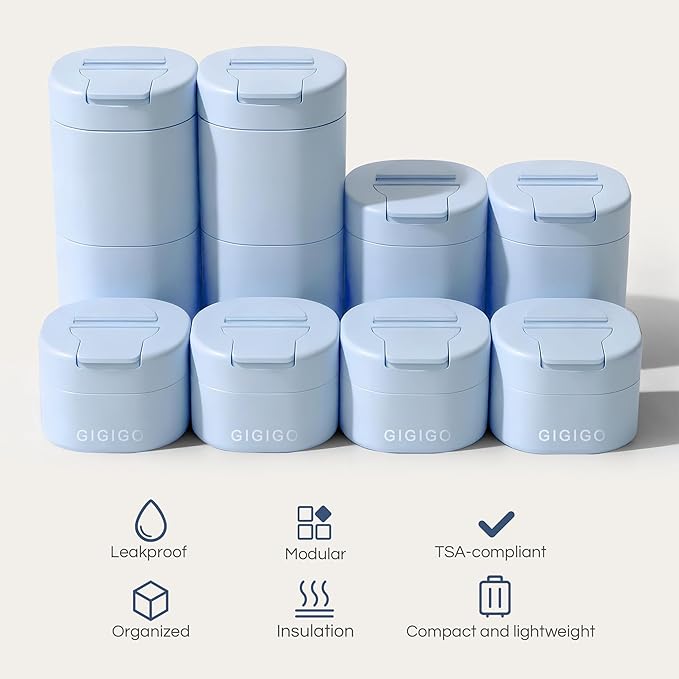 GIGIGO Magnetic Travel Containers Blue Set, 8-Pack Leakproof Refillable Cosmetic Capsules (0.68/1.69/3.04 fl oz) for Toiletries, Customizable Travel Size Jars with Lids & Labels for Shampoo, Pill