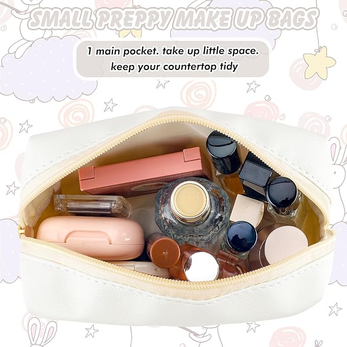 Initial Makeup Bag Personalized Preppy Travel Small Cosmetic Bag Cute PU White Chenille Letter Makeup Pouch for Purse Waterproof Zippered Toiletry Organizer for Women Girls Kids Friends (S)