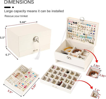 BOOVO Earring Jewelry Box For Women Girl Stud Organizer, 5 Layers Girl Jewelry Organizer Box With Lock Earring Holder Organizer Necklace Ring Jewelry Organizer Box For Girls (White, 5 layer)