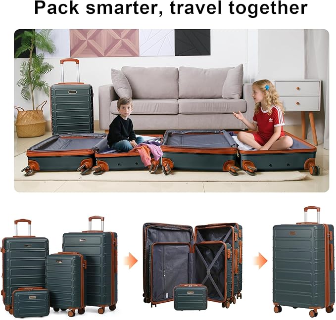 4 Piece Luggage Set Expandable ABS Travel Suitcase Set TSA Lock Hardshell Durable Lightweight Traveling Luggage Sets Gift for Back to School (Amy Green, 28in26in20in13in)