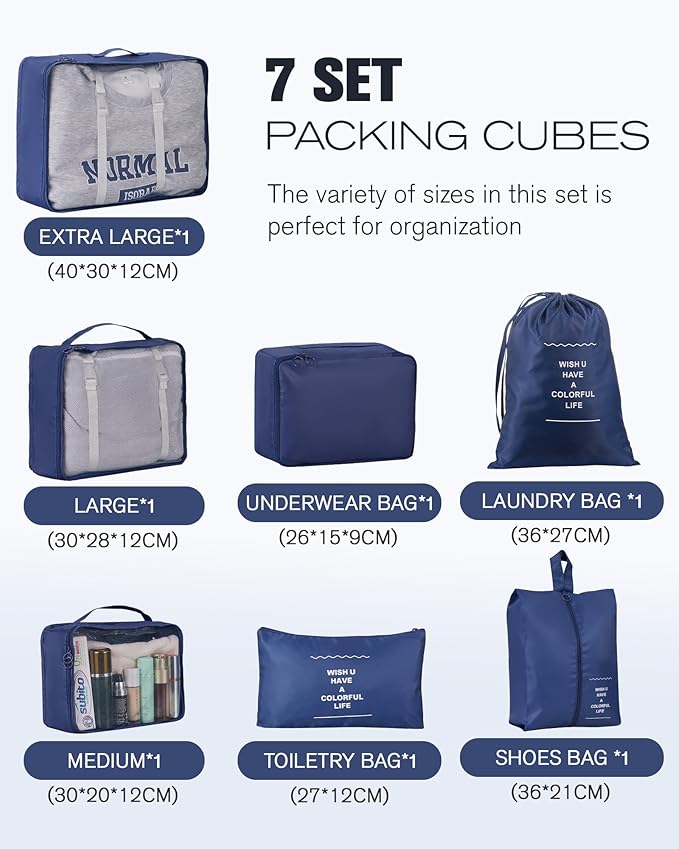 10 Piece Luggage Sets, 3 Piece Suitcase Set, 20 inch Carry on Luggage, 24 inch and 28 inch Checked Luggage with 7PC Packing Bags