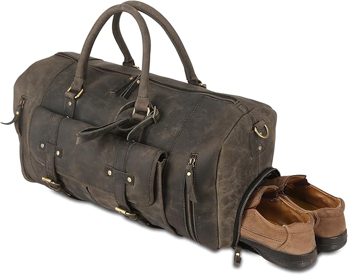 KomalC 24 Inch Leather Duffle Bags for Men and Women Travel Overnight Weekend Bag Sports Gym Duffel for Men (Charcoal Black With Shoe Pocket)