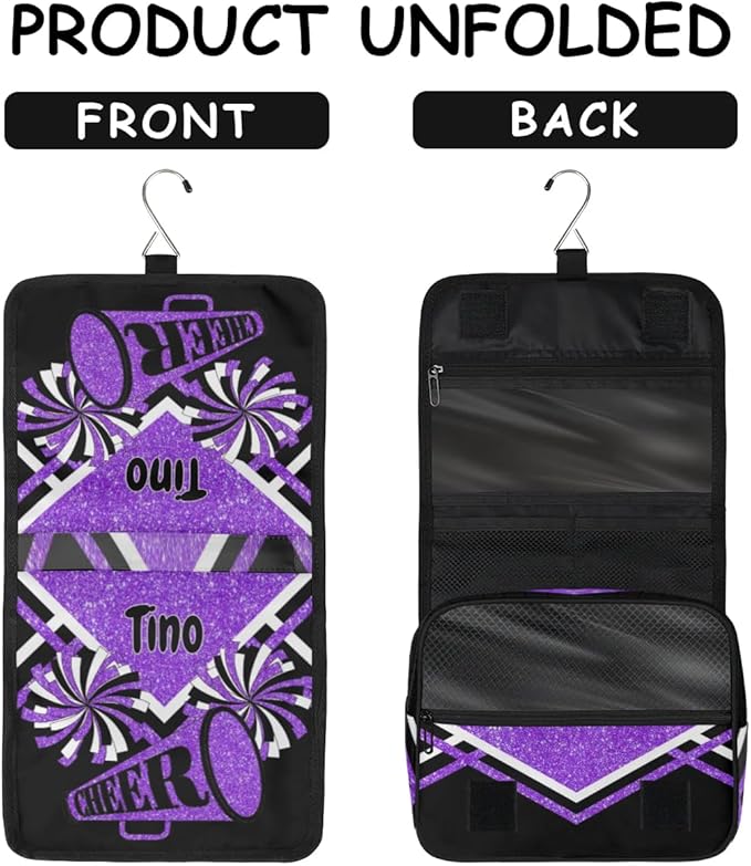 Personalized Hanging Toiletry Bag for Women, Cheerleading Large Capacity Travel Custom Name For Mothers Day, Birthday, Anniversary, Wedding, Purple Black Glitters