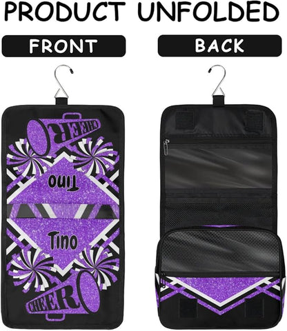 Personalized Hanging Toiletry Bag for Women, Cheerleading Large Capacity Travel Custom Name For Mothers Day, Birthday, Anniversary, Wedding, Purple Black Glitters