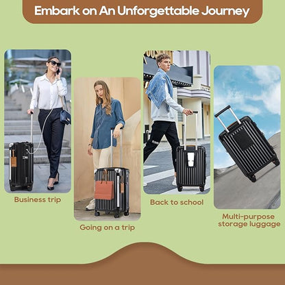 Joyway 20in Carry On Luggage with Cup Holder and USB Port, 25% Expandable Capacity, Smart Suitcase with Anti Slip Wheels and Handbag, Perfect for Men and Women 3 Piece Set Black