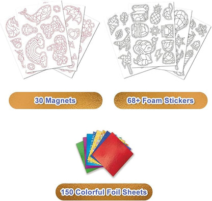 FLUXOJOY Foil Art Craft Kits for Kids, Mess -Free Fun Activity Set for Child, DIY Printing Craft Kits, Christmas Gifts for Ages 4 5 6 7 8 9 10 11 12 Years and Up, Art Travel Toys for Boys Girls