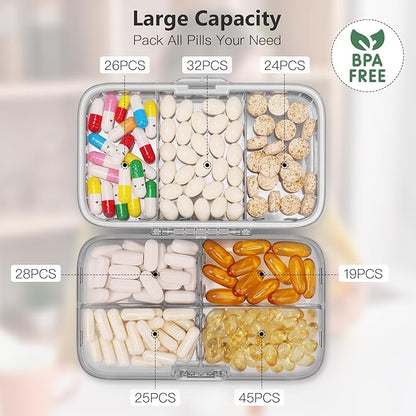 FYY Weekly Pill Organizer with Labels,8 Compartments Travel Daily Pill Case Airtight Moistureproof Large Pill Box to Hold Vitamins, Fish Oil, Supplements,Cotton Swab and Bandages-Grey