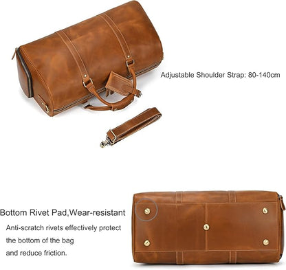 Full-grain Leather Travel Bag Large Capacity Duffel Luggage Bag with Shoe Compartment for Men Shoulder Handbag for Weekend Holiday Business Trip, Light Brown