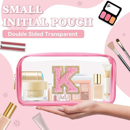 Small Clear Personalized Initial Makeup Bag,Nylon Preppy A-Z Chenille Letter Patch Cosmetic Pouch Beach Toiletry Bag,Waterproof Zipper Travel Purse Storage Bag Organizer for Women Girls(Pink-Pink K)