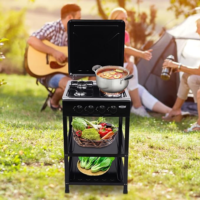 Propane Gas Stove, 4 Burner Propane Burner, Auto Ignition Portable Gas Stove with Support Leg Stand and Wind Blocking Cover Adapter for Rv Apartment Outdoor Cooking (Black)