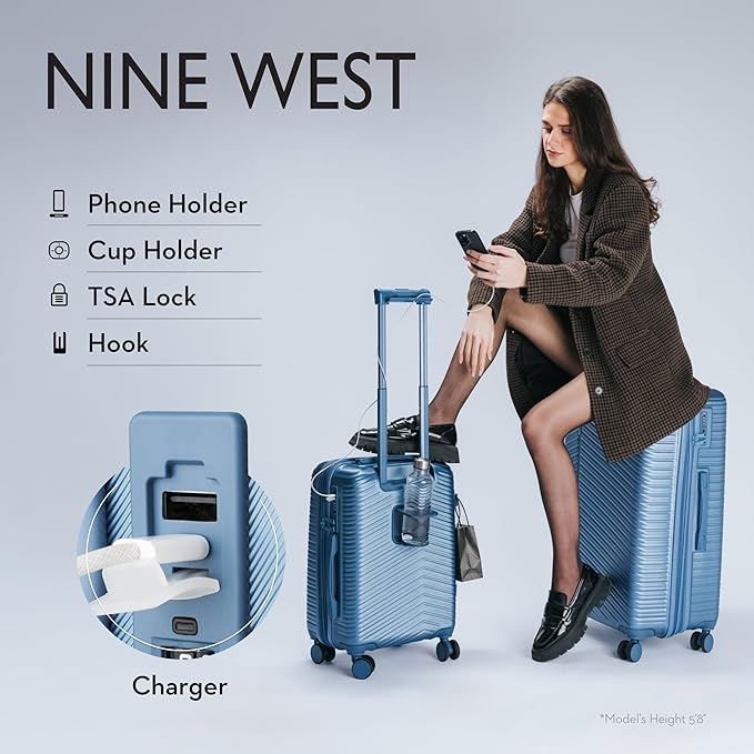 Nine West Zion 2-Piece Smart Luggage Set (20/28), Hardshell Spinners with Cup Holder & USB Port, Expandable & Scuff-Resistant Surface Lapis