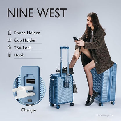 Nine West Zion 2-Piece Smart Luggage Set (20/28), Hardshell Spinners with Cup Holder & USB Port, Expandable & Scuff-Resistant Surface Lapis