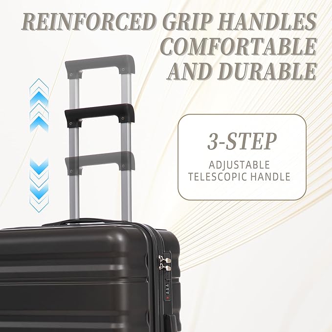Campfun 3 Piece Luggage Sets, ABS Suitcase Set with Double Spinner Wheels Hang Hook, Durable Carry On Luggage with Combination Lock, 20/24/28 inch, Black