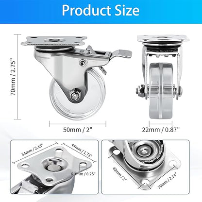 2 Inch Stainless Steel Casters Wheels Set of 4, Anti-Corrosion, 360-Degree Rotation, Non-Marking Plastic Clear Wheels for Furnitures, Labs, Hospitals, Restaurants