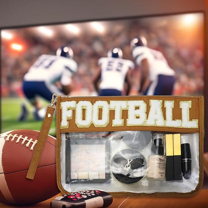 2 Pcs Football Gifts Makeup Bag with Chenille Letter Patch,with Handles PVC Waterproof Clear Makeup Bag,Portable Toiletry Storage Bag,Players & Fans Birthday, Team or Sports Lover Presents