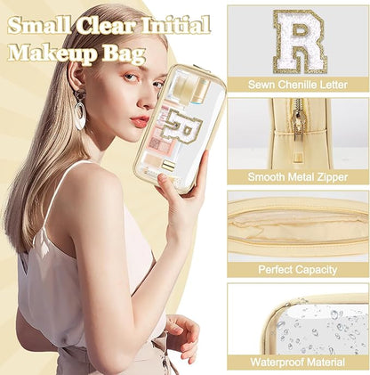 Small Clear Personalized Initial Makeup Bag,Nylon Preppy A-Z Chenille Letter Patch Cosmetic Pouch Beach Toiletry Bag,Waterproof Zipper Travel Purse Storage Bag Organizer for Women Girls(Beige-White R)