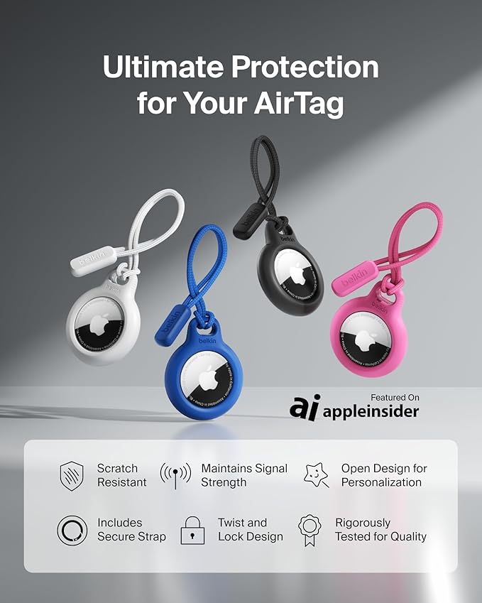 Belkin Apple Airtag Secure Holder With Strap - Apple Air Tag Keychain - Airtag Holder With Strap For Key Ring - Airtag Keychain Accessories - Scratch Resistant Airtag Case With Raised Edges - Pink