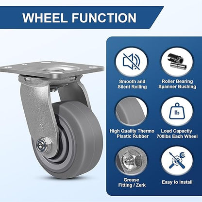 4"x2" Rubber Wheels (Flat Tread)- Heavy Duty Casters, Industrial Caster Wheels- Set of 4 with up to 2800 LB Capacity- Use for Dollies, Workbench(4 Swivel)