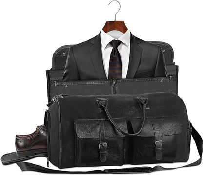 Convertible Garment Bag for Travel - Carry On Duffle Bag for Men Women 2 in 1 PU Leather Weekender Bag with Shoe Pouch and Shoulder Strap (Black)