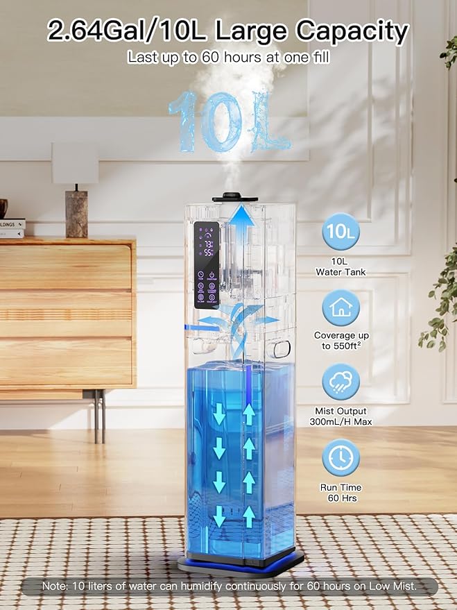 10L/2.64Gal Humidifier, Top Fill Quiet Ultrasonic Cool Mist Humidifiers for Bedroom, Covers 550ft², 60H Runtime, 24H Timer, 3 Mist Modes Humidifier Large Room, Home, Office, Plants, Black