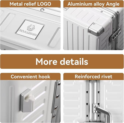 ROAMING Zipperless Luggage Airline Approved with Aluminum Frame, Lightweight PC Hardside Luggage with Spinner Wheels, Metal Travel Luggage with Double TSA Locks, Carry On 20 Inch, Shell white