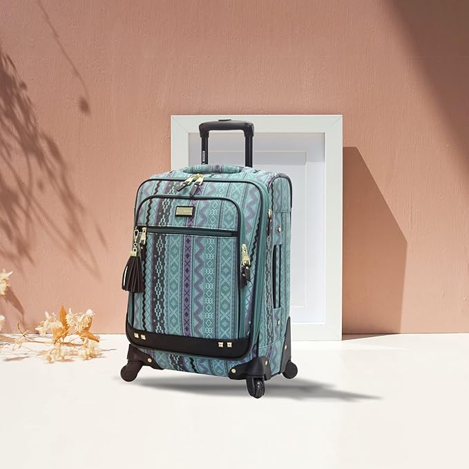 Steve Madden Designer-Gepckkollektion Leichter Softside-Koffer fr Damen und Herren strapazierfhige 50,8 cm groe Tragetasche mit 4 rollenden Spinner-Rdern, Legends Turquoise, 20in, Carry on Bag With