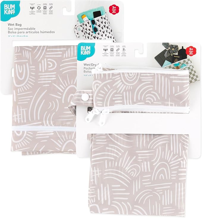 Bumkins - Waterproof Wet Bag & Wet/Dry Clutch Bags - For Beach, Baby, Travel, Swim Suit, Cloth Diapers, Pump Parts, Pool, Gym, Toiletries - Reusable & Easy to Clean - Boho Beige - 2 Pack