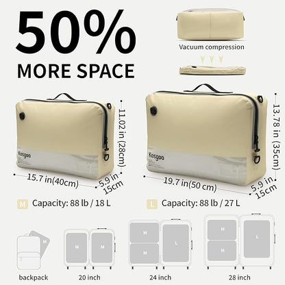 Vacuum Compression Bags for Travel Reusable for Carry-on Suitcase Backpack Home Storage, IP67 Waterproof, Wide Opening, Transparent Window (1 Large Pack No Pump Beige)