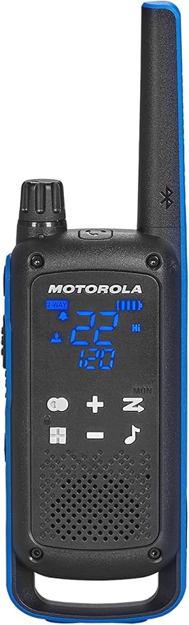 Motorola Solutions, Talkabout T802, Portable FRS Two Way Radio 2 Pack Walkie Talkies Blue/Black 22 Channels 1 Dual Charging Tray 2 PTT Earpieces
