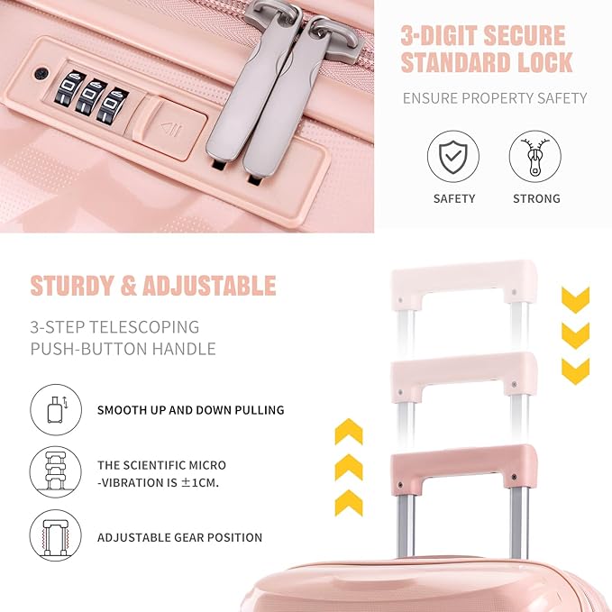 LARVENDER Luggage Sets 3 Piece, Hardside PP Carry On Luggage Suitcase with 360° Spinner Wheels Suitcase Sets for Women Men, Pink