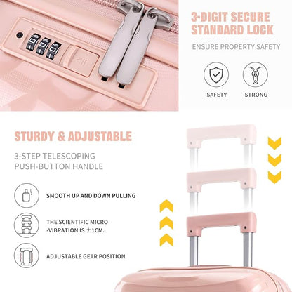 LARVENDER Luggage Sets 3 Piece, Hardside PP Carry On Luggage Suitcase with 360° Spinner Wheels Suitcase Sets for Women Men, Pink