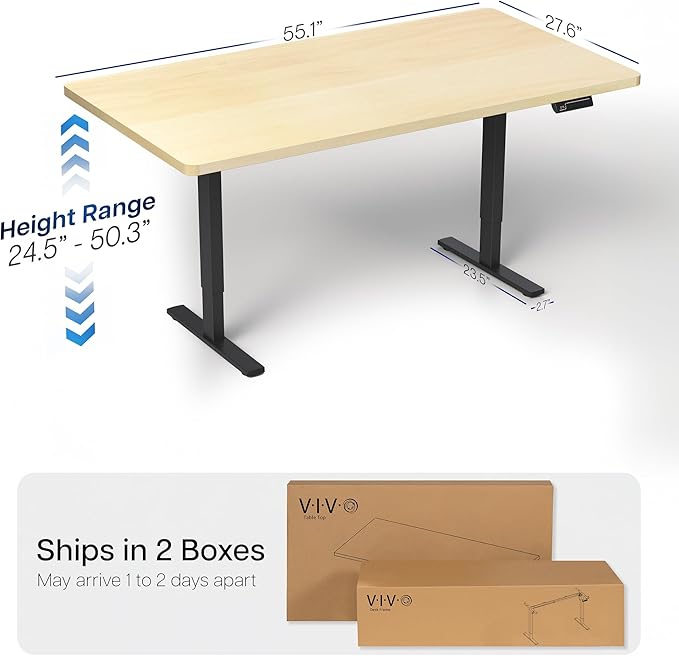 VIVO Electric 55 x 28 in Dual Motor Sit Stand Desk, Memory Height Adjustment, 2B Series, Light Wood Top Black Frame, DESK-KIT-2B55C
