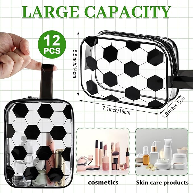 12 PCS Soccer Cosmetic Bags Soccer Gift Accessories Bags Goodie Snack Makeup Pouch Bag Waterproof Clear PVC Travel Bag with Zipper for Girls Valentine Team Gifts Player Sport Party Favors