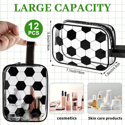 12 PCS Soccer Cosmetic Bags Soccer Gift Accessories Bags Goodie Snack Makeup Pouch Bag Waterproof Clear PVC Travel Bag with Zipper for Girls Valentine Team Gifts Player Sport Party Favors