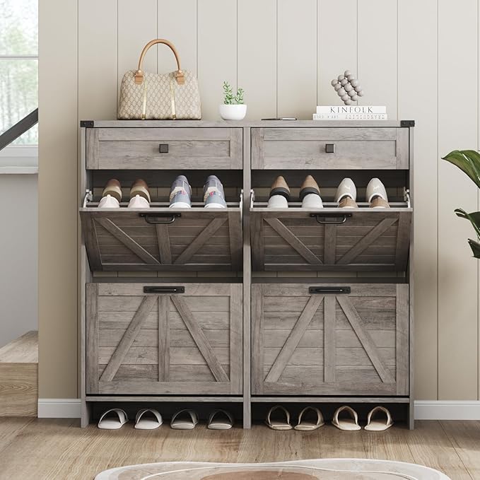 Shoe Cabinet with 4 Flip Drawers & 2 Drawers,Farmhouse Shoe Storage Cabinet for Entryway,Slim Freestanding Organizer Rack for Front Door Entrance,Grey
